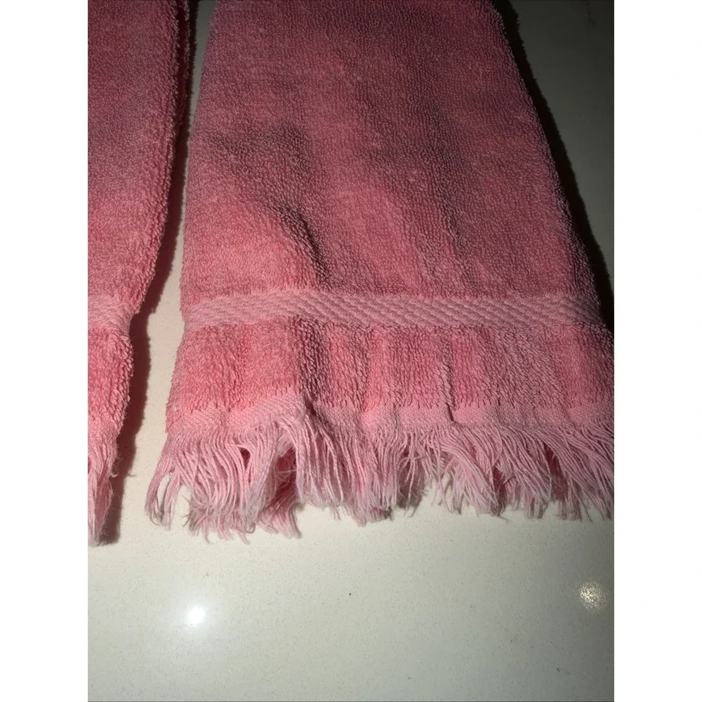 2 Vintage Fieldcrest Hand Towels Solid Pink Fringe 16